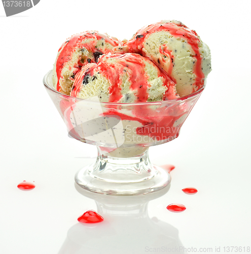 Image of cookies' ice cream with strawberry topping 