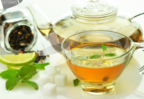 Image of green tea set with lemon and mint 