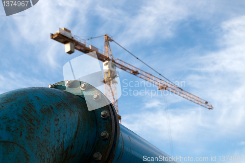 Image of Blue pipelines at construction site