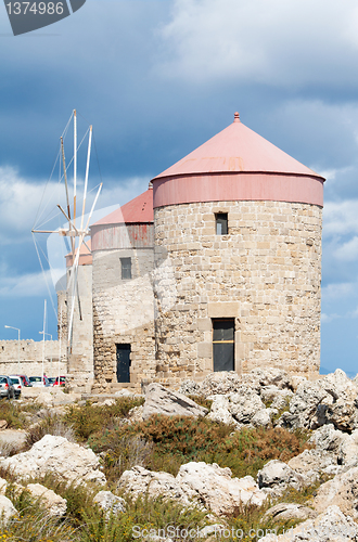 Image of Medieval Windmills at Mandraki Harbour, Rhodes, Greece