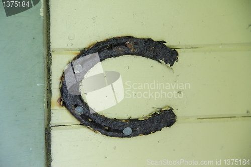 Image of rusty horse shoe on wall