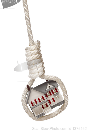 Image of House Tied Up and Hanging in Hangman's Noose on White