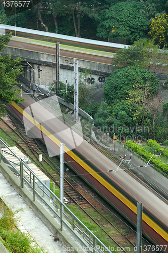 Image of very high-speed train go through the city