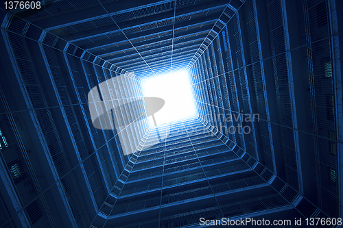 Image of Square building in blue tone, make science fiction feeling
