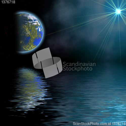 Image of  illustration: landscape with planet reflected  in water