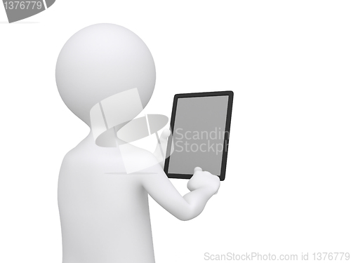 Image of 3D Businessman holding blank tablet pc. Advertising concept 