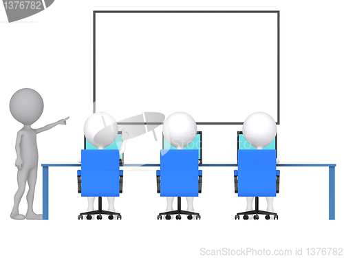 Image of 3d person with pointer in hand close to board. Concept of educat