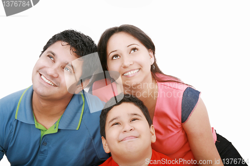 Image of Family surprisingly looking up at copyspace