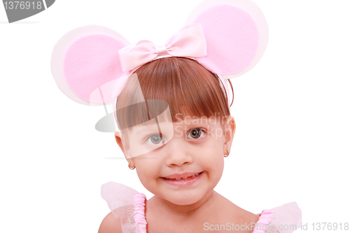 Image of Portrait of girl with bunny ears headband,  isolated on white ba