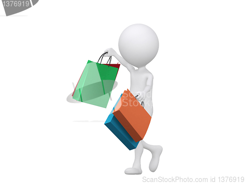 Image of 3d shopping person holding bags - isolated over a white backgrou