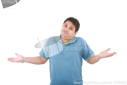 Image of Portrait of man gesturing do not know sign against white backgro