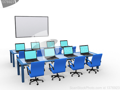 Image of Modern classroom with computers, 3d render