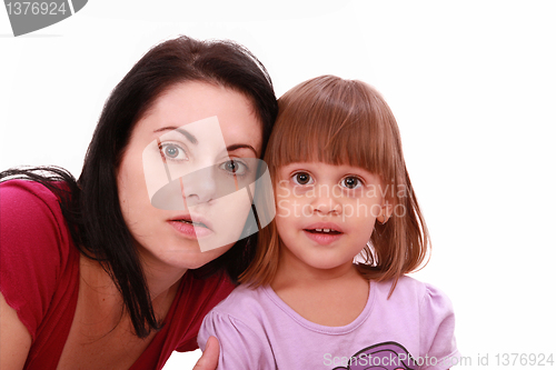 Image of Mother and cute little daughter watch TV in great concentration 