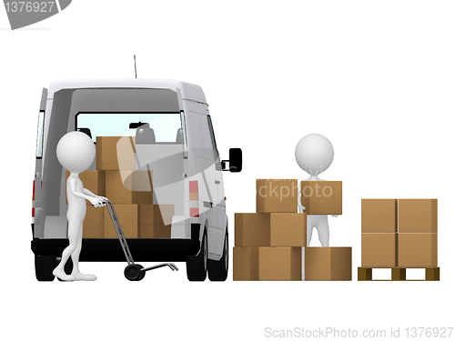 Image of 3d small persons carrying the hand truck with boxes. Boxes and v