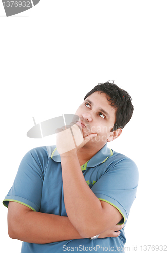 Image of Thinking man isolated on white background. Closeup portrait of a