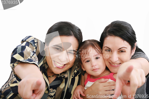 Image of two woman pointed something at front of little girl