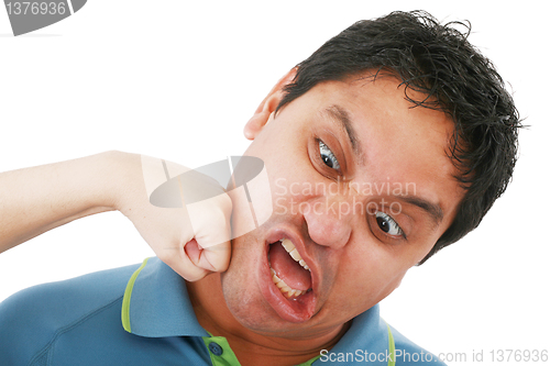 Image of portrait of young woman punching other young man on a white back