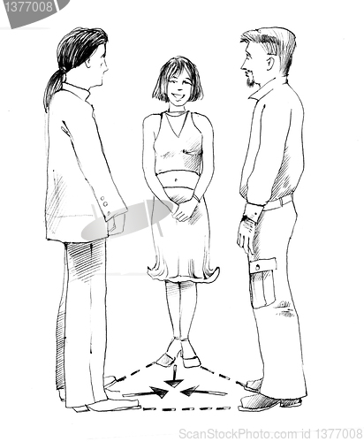 Image of woman and two men talking