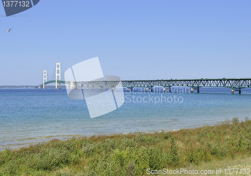 Image of Lake shore of Mackinac and bridge 