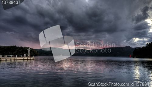 Image of sunset on lake ashi, japan