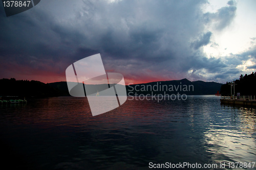 Image of sunset on lake ashi, japan