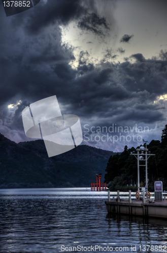 Image of sunset on lake ashi, japan