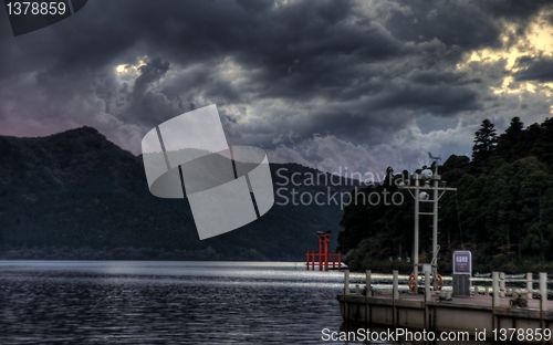 Image of sunset on lake ashi, japan