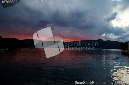 Image of sunset on lake ashi, japan