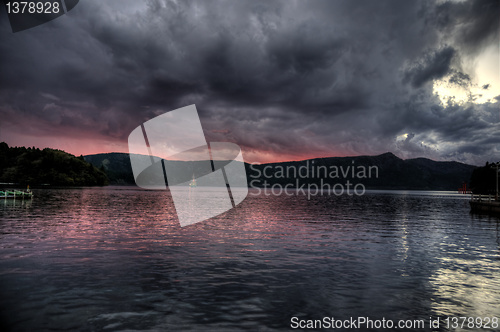 Image of sunset on lake ashi, japan