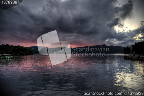 Image of sunset on lake ashi, japan