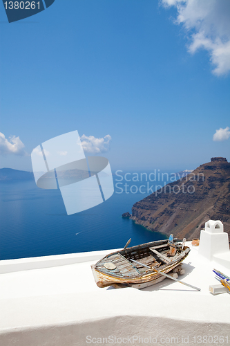 Image of Old rowing boat in Thira, Santorini, Greece