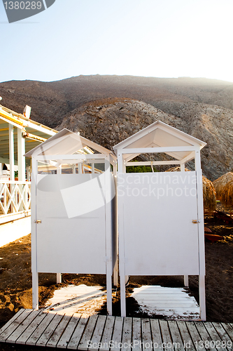 Image of Beach cabins, Perissa, Santorini, Greece