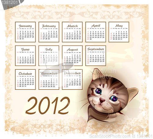 Image of vintage style calendar 2012 with tabby kitten