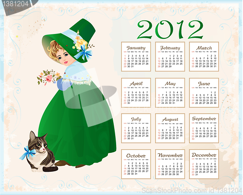Image of vintage  style  calendar 2012 with cat and girl