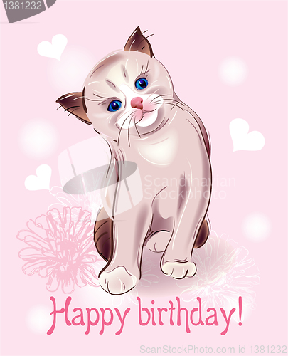 Image of Happy birthday greeting card  with  little  kitten on the pink b