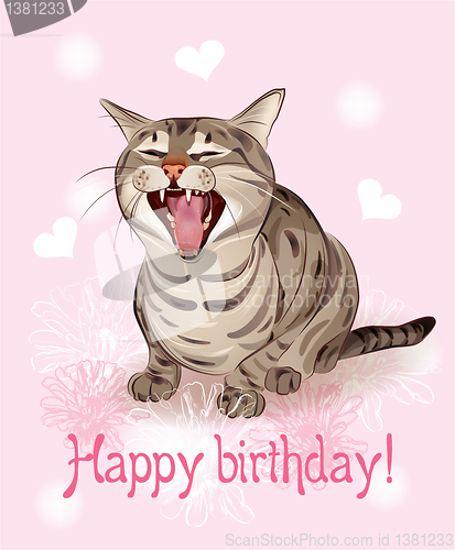 Image of Happy birthday card.   Funny cat sings greeting song. Pink backg