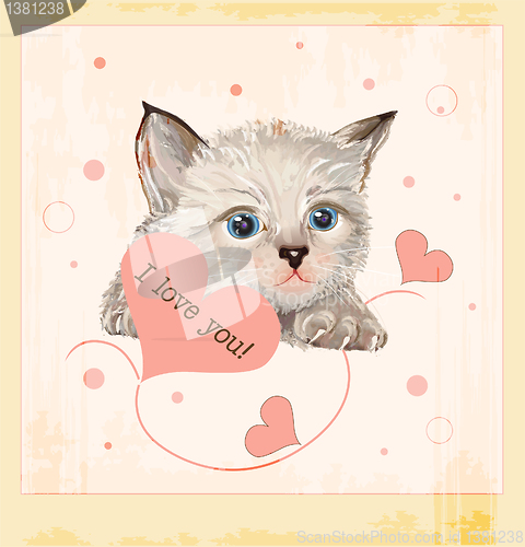 Image of Valentines day greeting card with kitten and hearts