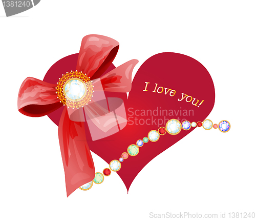 Image of Valentines day greeting card with heart and bow