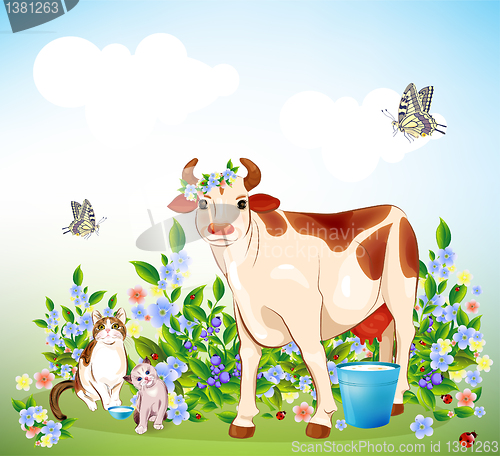 Image of Country life. Cat, kitten and cow