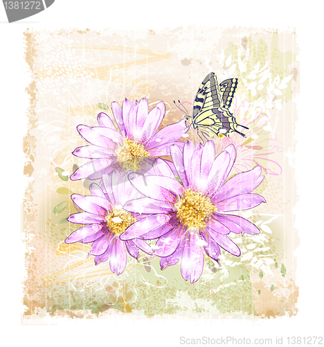 Image of pink field flowers and butterfly