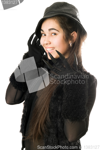 Image of Smiling girl in gloves with claws. Isolated