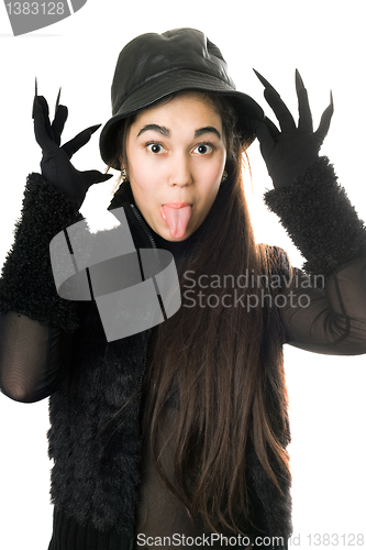 Image of Funny girl in gloves with claws. Isolated