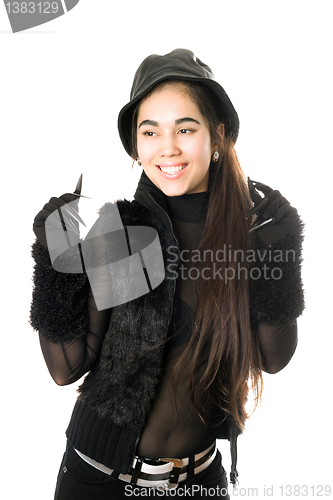 Image of Joyful girl in gloves with claws. Isolated