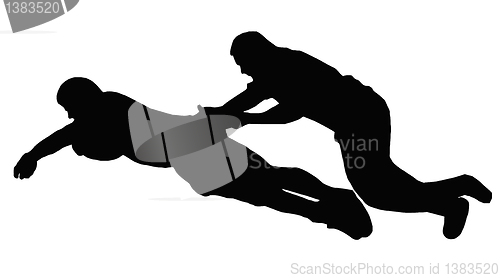 Image of Sport Silhouette - Rugby Player Dives for Try Line with Tackler