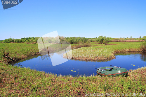 Image of rubber boat on coast river