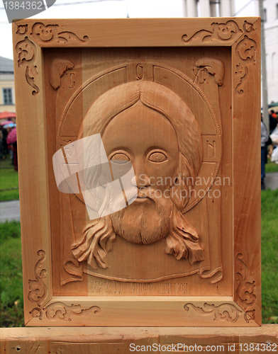 Image of wooden icon on street exhibition