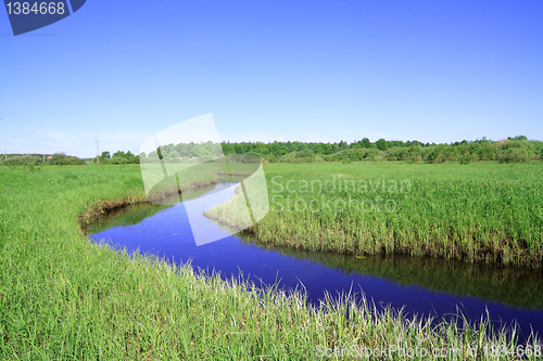 Image of blue river on green field