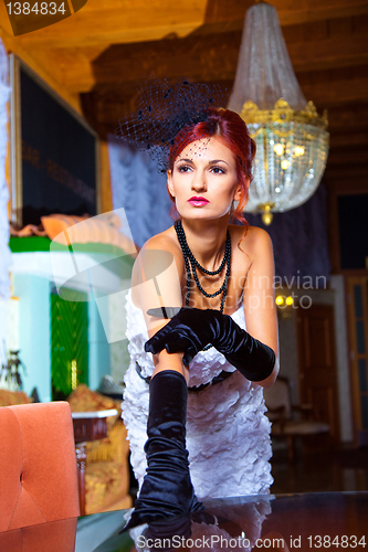 Image of glamour woman in vintage hall interior