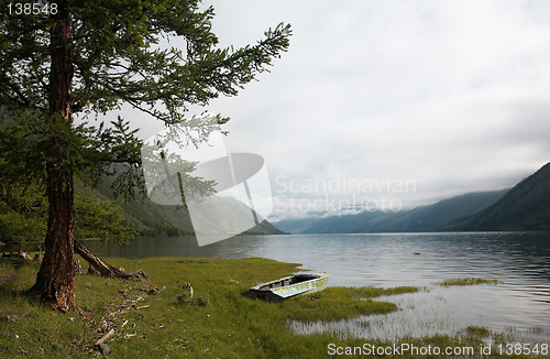 Image of Boat on the bank of mountain lake