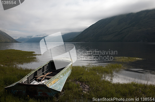 Image of Boat on the bank of mountain lake